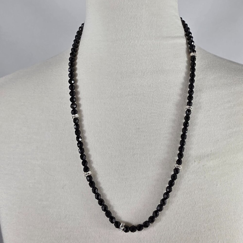 Napier Beaded Necklace Black Round Faceted Beads with White Rhinestone Spacers